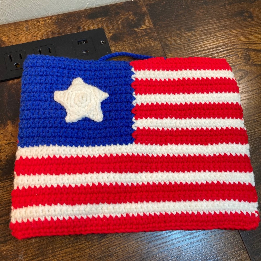 Handmade Crochet American Flag Wall Hanging Patriotic Red White Blue Decor 11x8